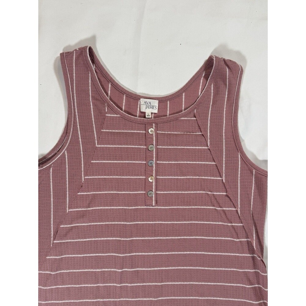 Striped Ribbed Henley Tank Button Front Coastal Boho Casual Top - Picture 5 of 6